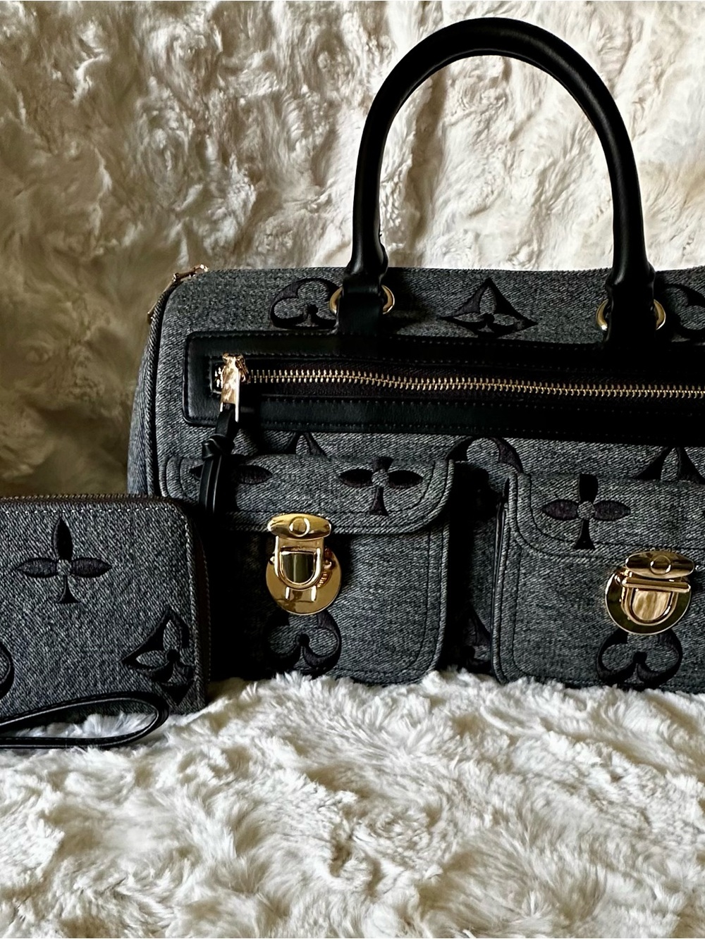 Grey Monogram Satchel with Gold Hardware and Matching Wristlet